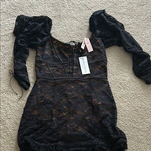 Black Lace For Love and Lemons Dress with Puff Sleeves